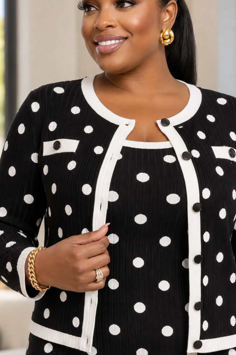 Avelisse Polka Dot Dress & Cardigan Set - Black