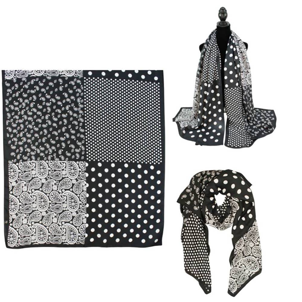 Polka Dot Paisley Printed Oblong Silky Satin Scarf Shawl: Black