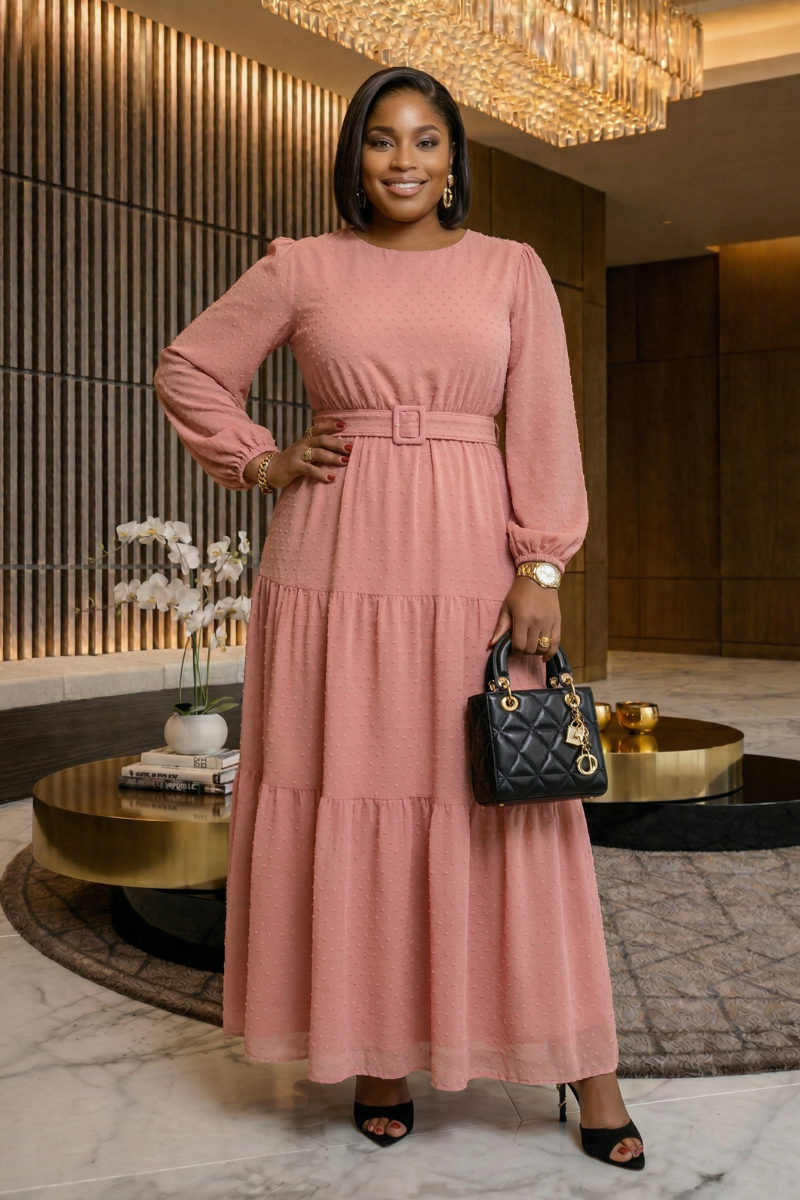 Maria Belted Dobby Dress - Dusty Pink