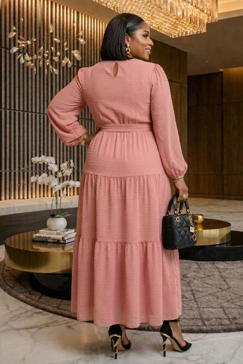 Maria Belted Dobby Dress - Dusty Pink