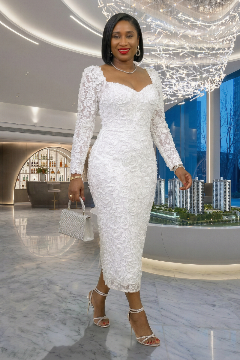 Bianca Ruffled Roses Dress - White