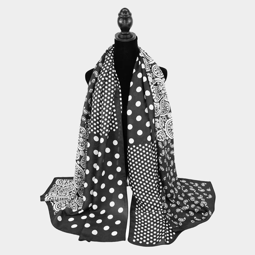 Polka Dot Paisley Printed Oblong Silky Satin Scarf Shawl: Black