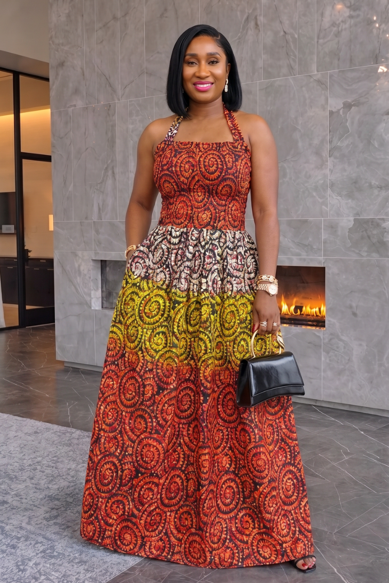 Tara African Print Halter Neck Maxi Dress