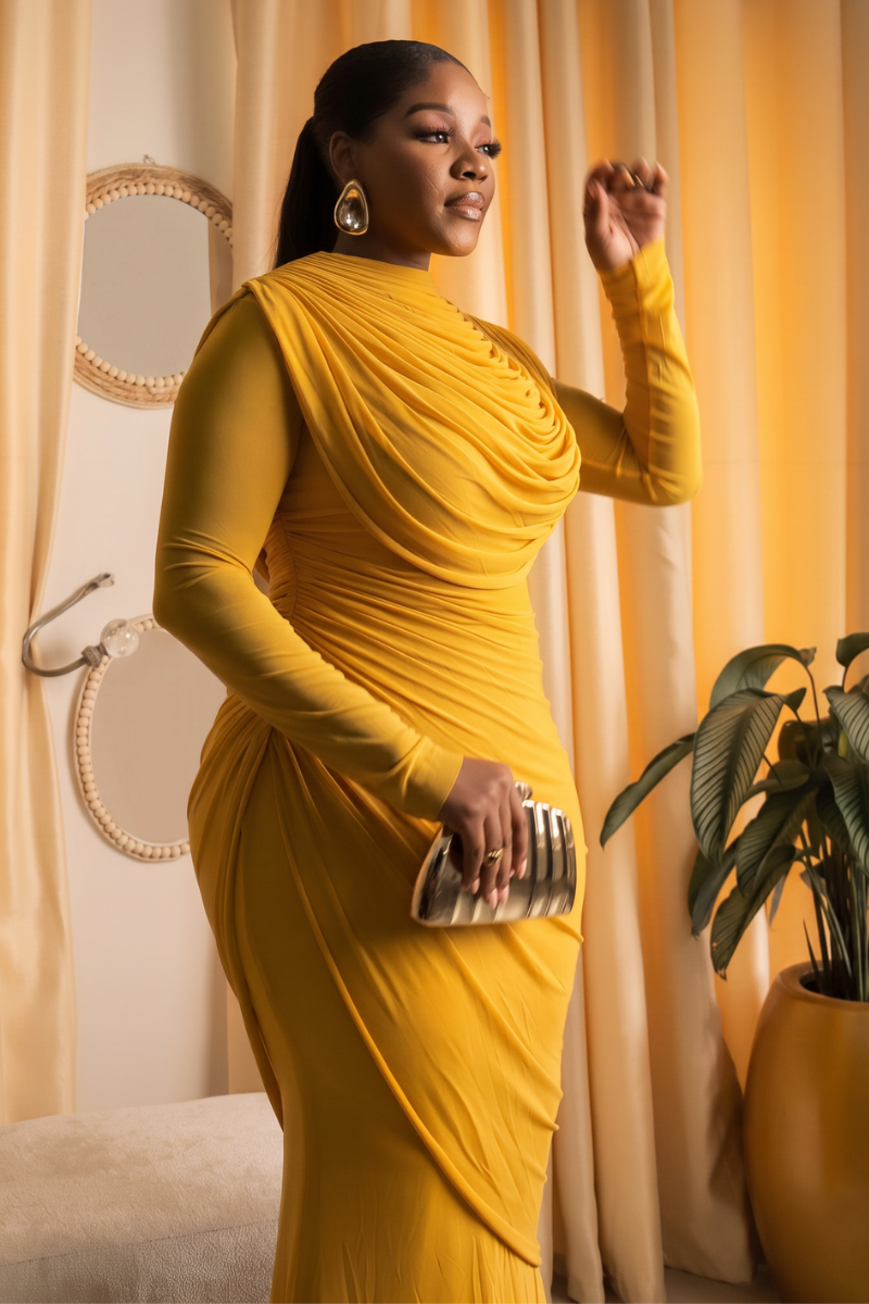 Solange Drape Dress- Mustard Yellow