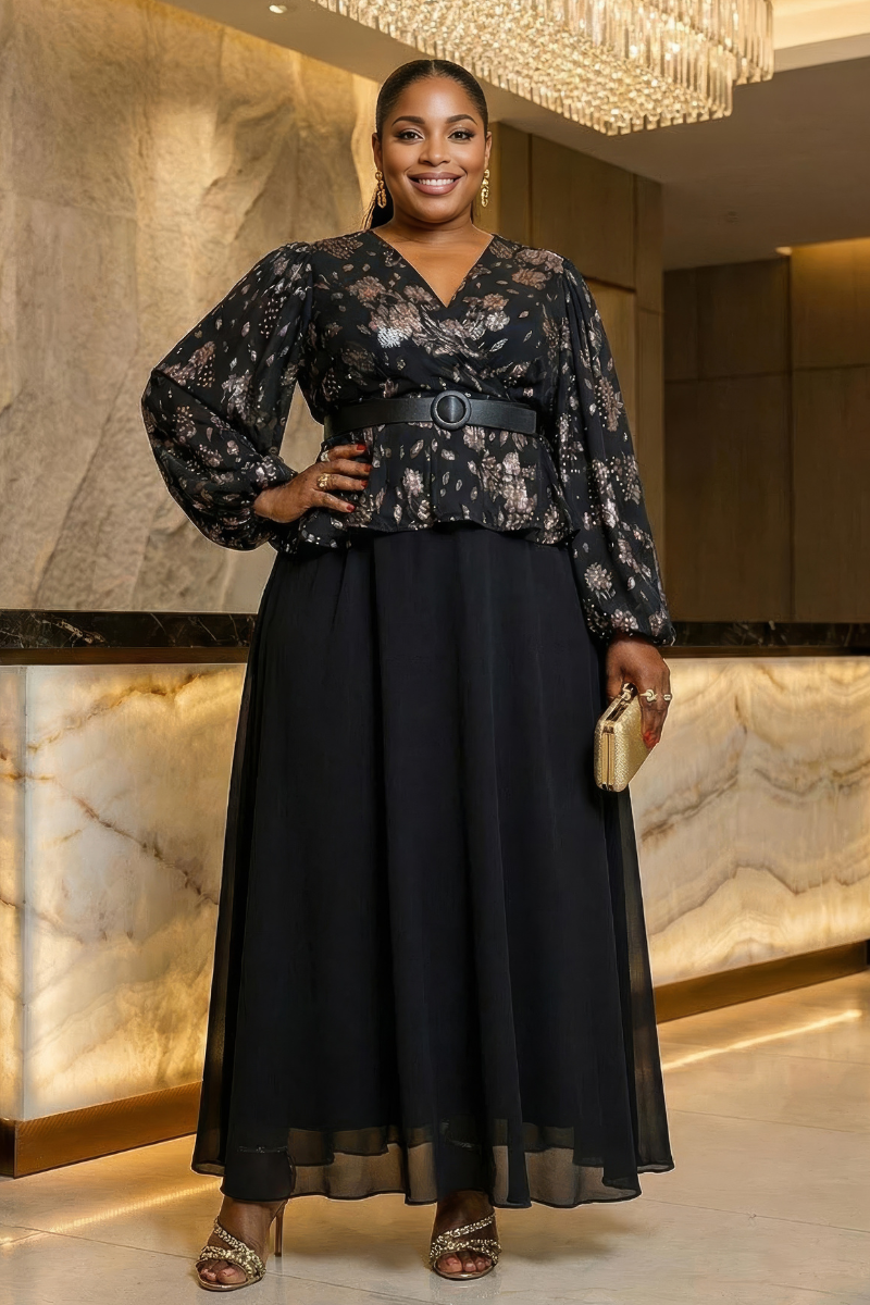 strapless open back dress Alba Black Encrusted Peplum Maxi Dress