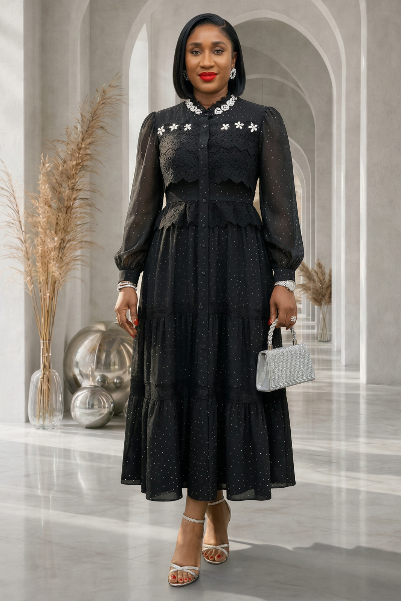 Mona Embellished Dress- Black