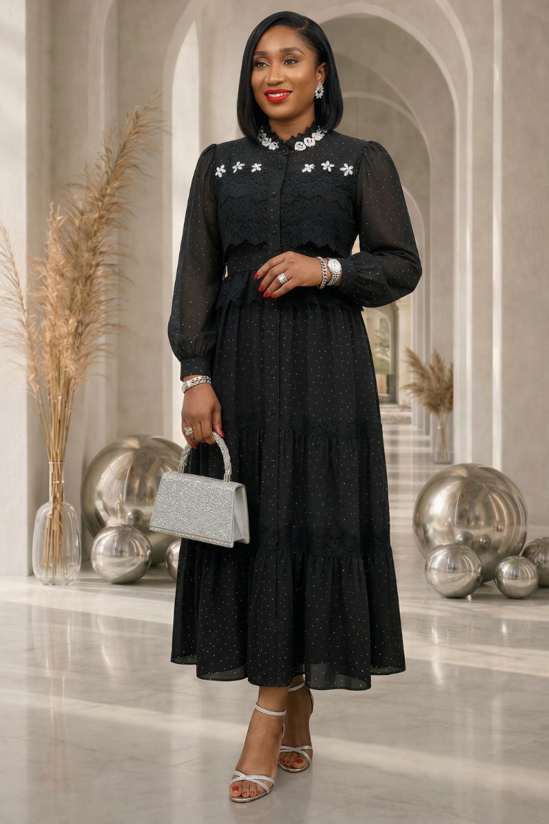 Mona Embellished Dress- Black