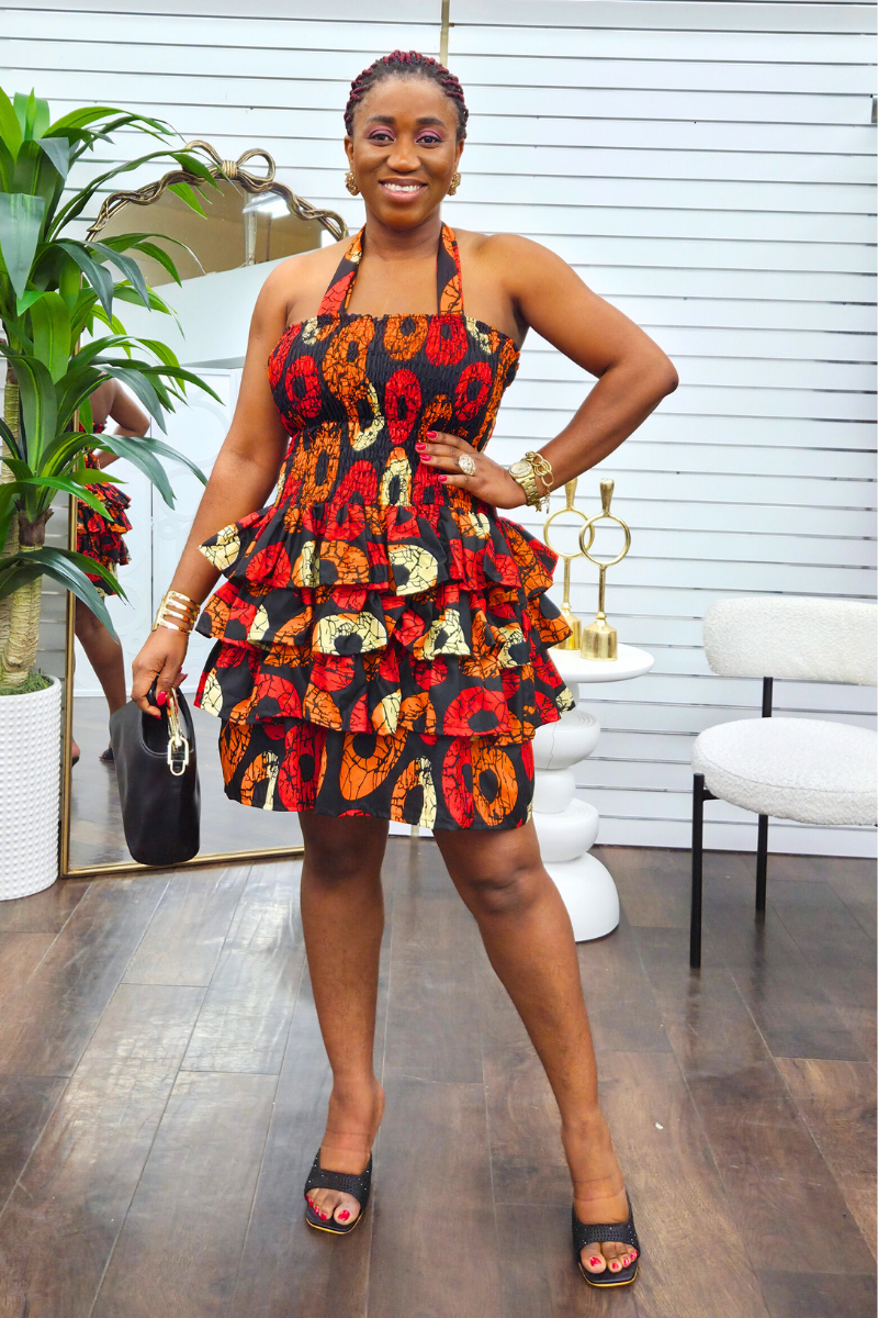 Tara African Print Halter Neck Layered Dress