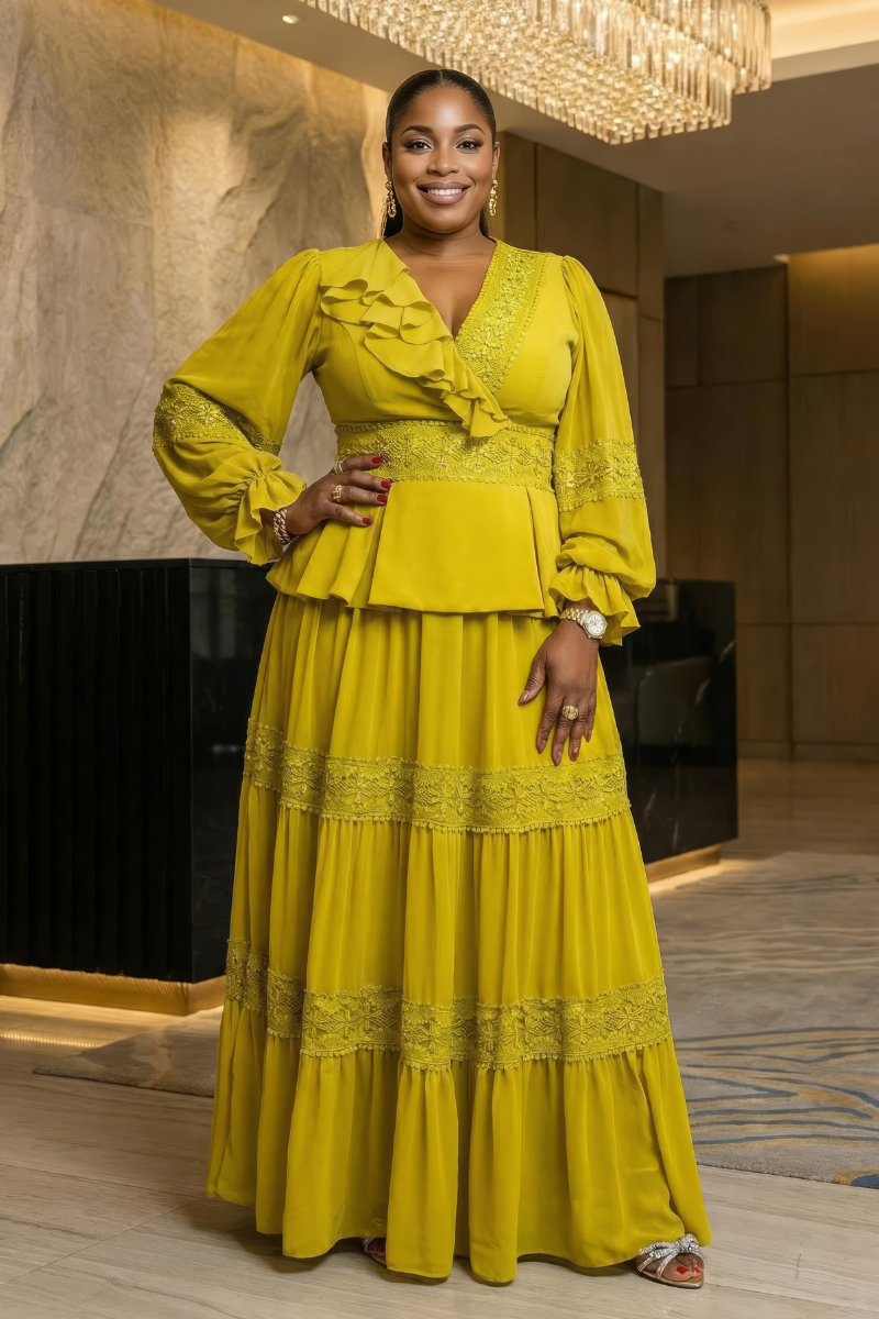 peplum yellow dress Yellow Linen Peplum Midi Dress  self-portrait-US