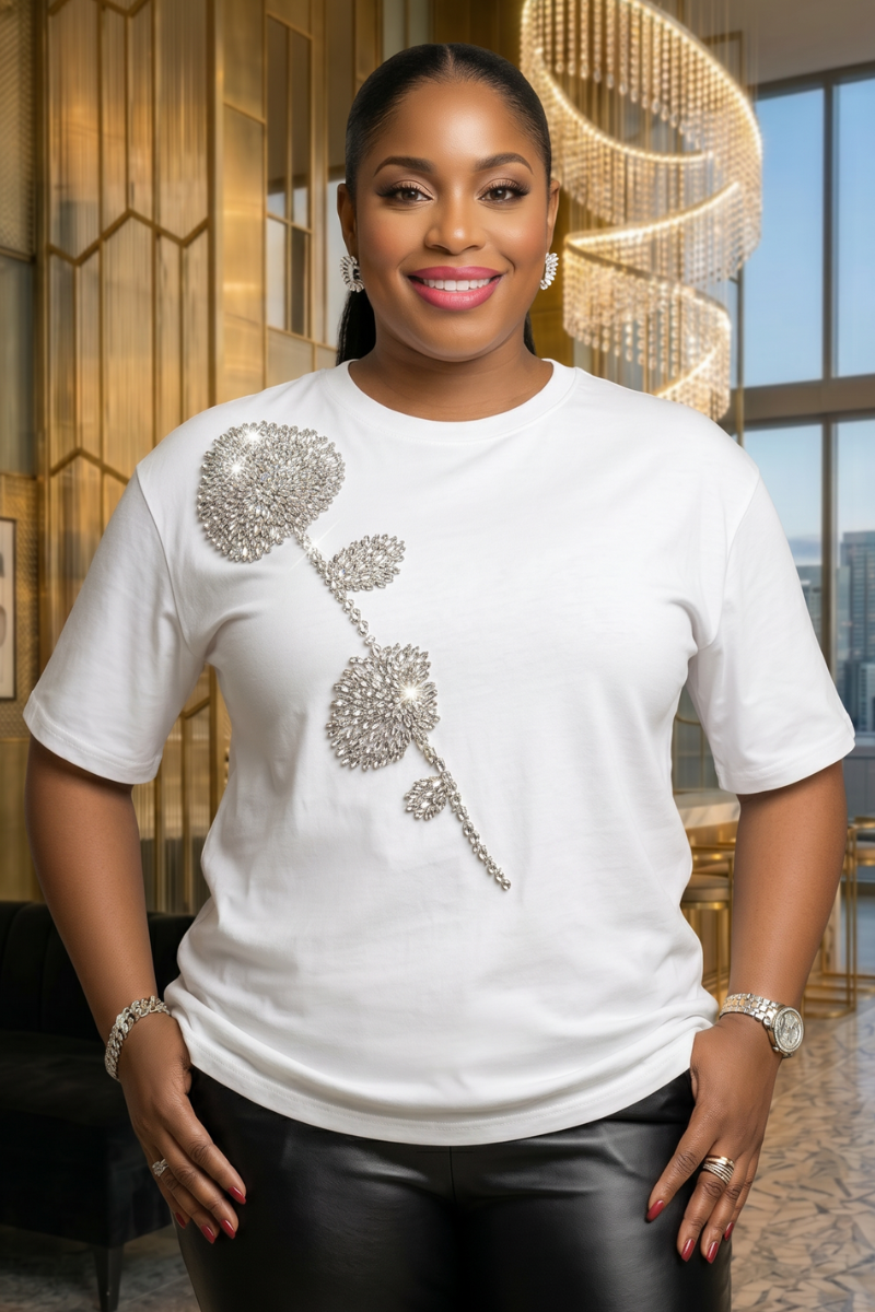 White Silver Rose Encrusted T-shirt