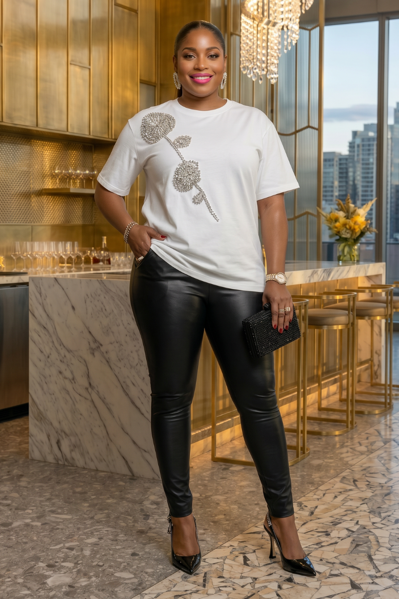 White Silver Rose Encrusted T-shirt