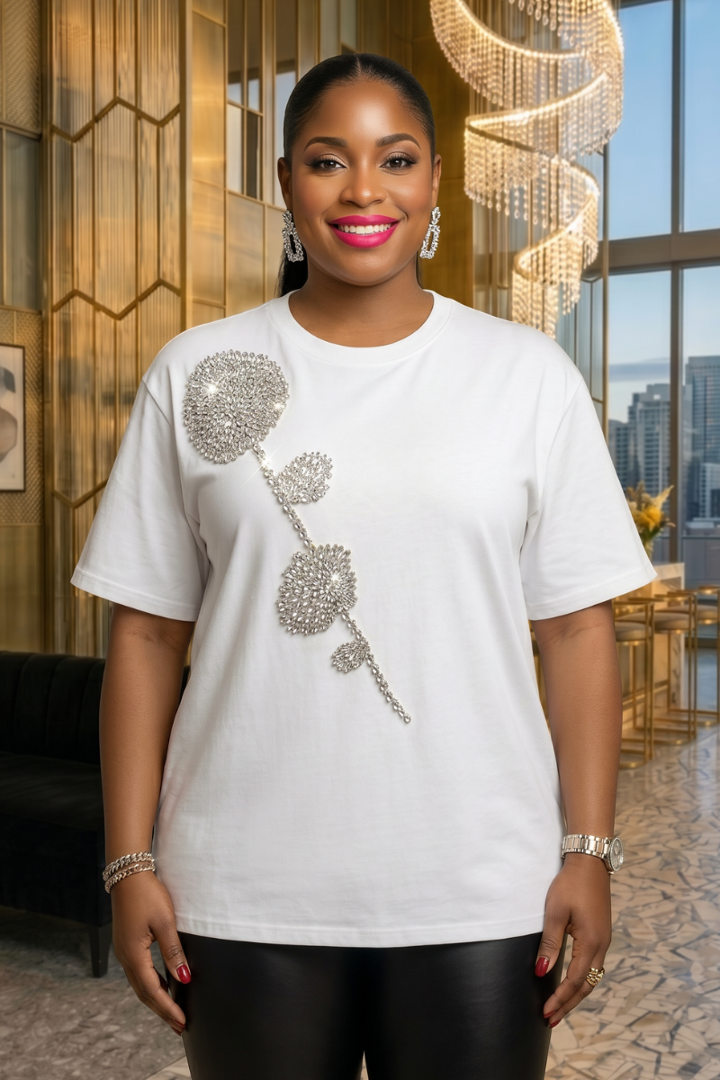 White Silver Rose Encrusted T-shirt