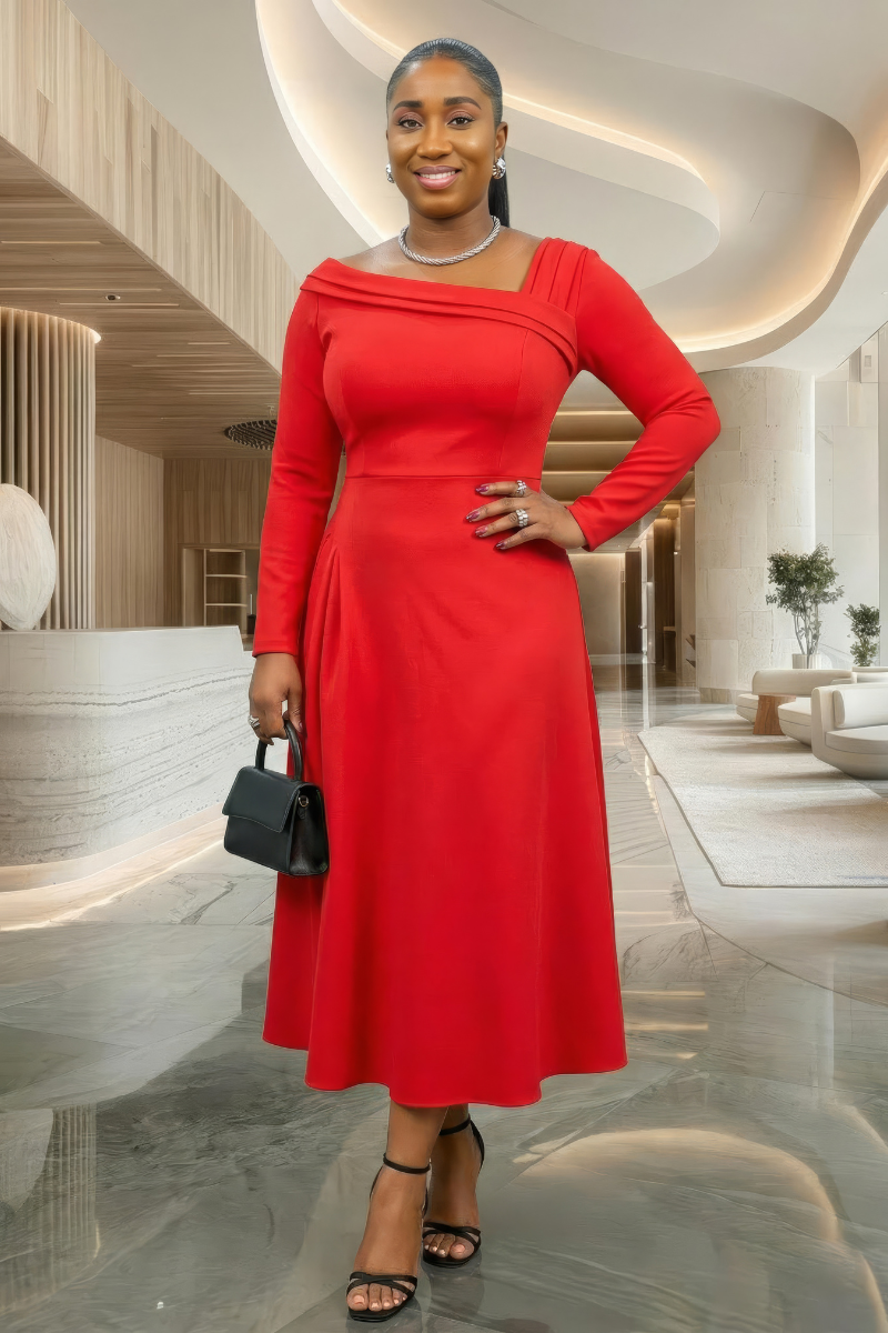 Red Asymmetrical Neckline Midi Dress