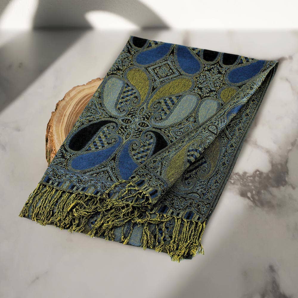 Large Paisley Pashmina Scarf Shawl:NAVY-BLACK
