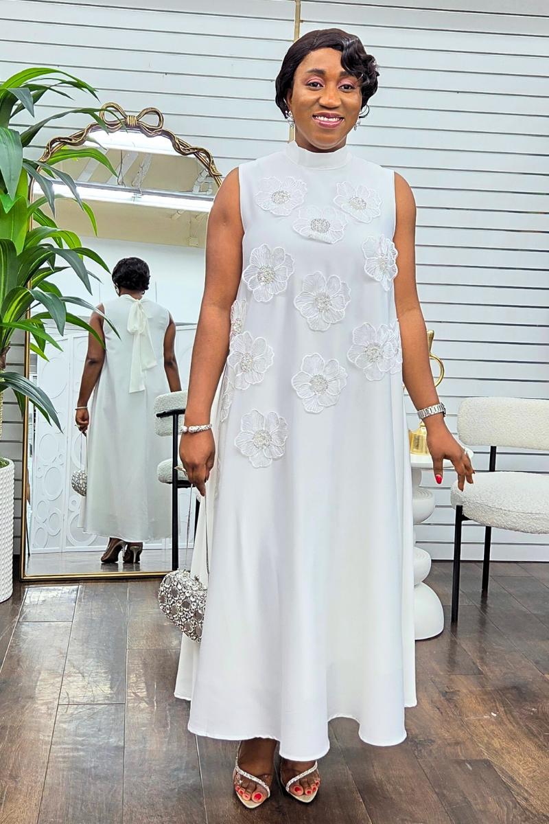 Alexa Silk Floral Patch Dress - White