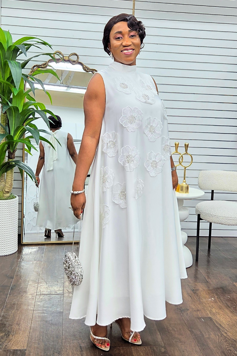 Alexa Silk Floral Patch Dress - White