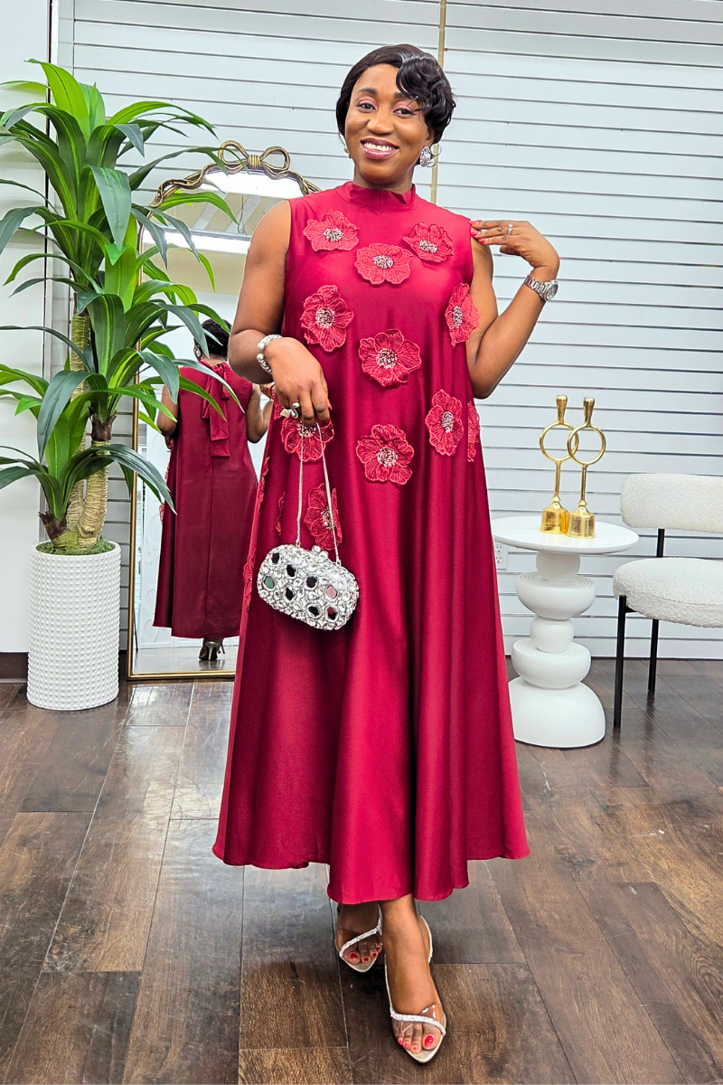 Alexa Silk Floral Patch Dress - Burgundy