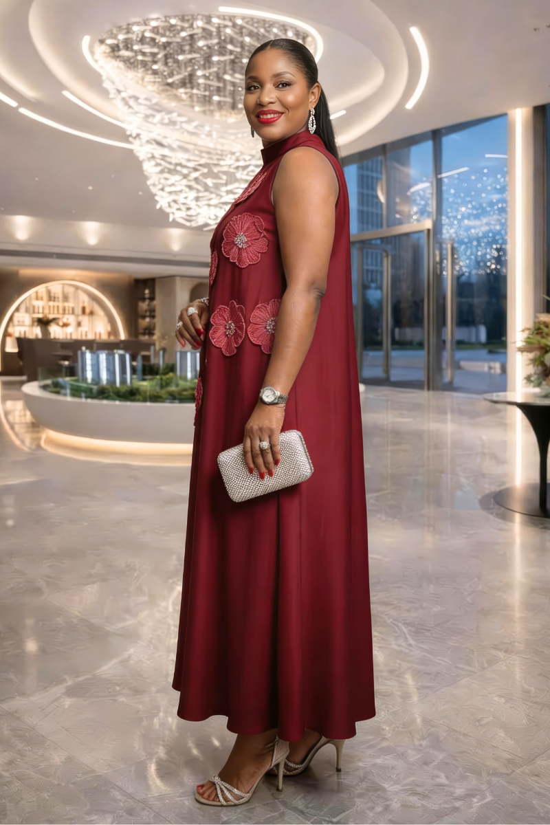Alexa Silk Floral Patch Dress - Burgundy