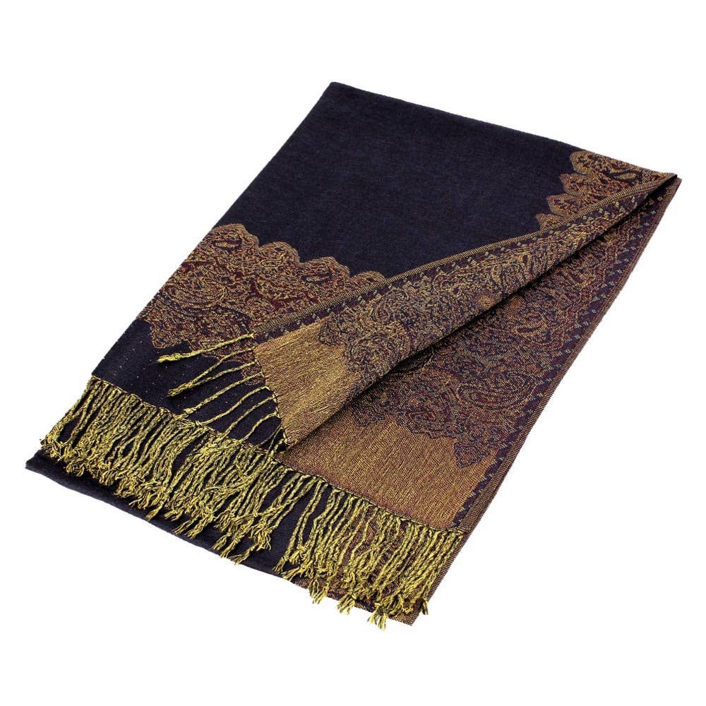 Border Pashmina Scarf Shawl with Fringe: Navy