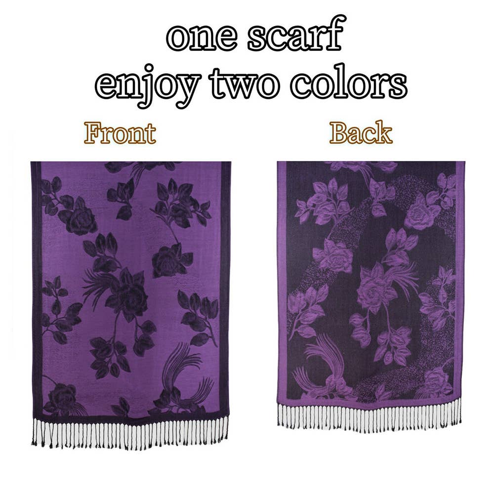 Rose Floral Pashmina Reversible Scarf Shawl: Purple