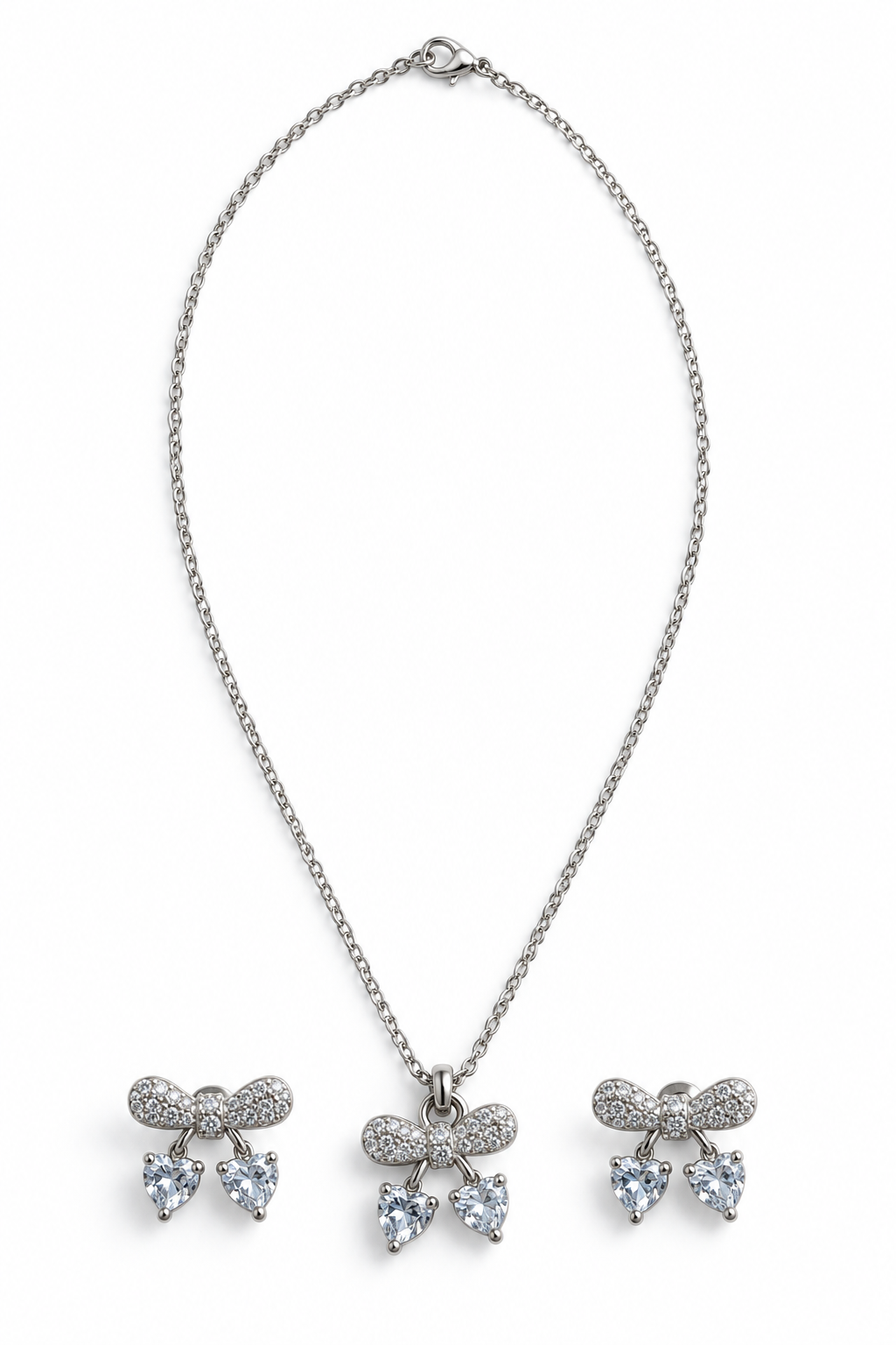 Mc'Lorainne Silver Bow Heart Crystal Necklace & Earrings Set