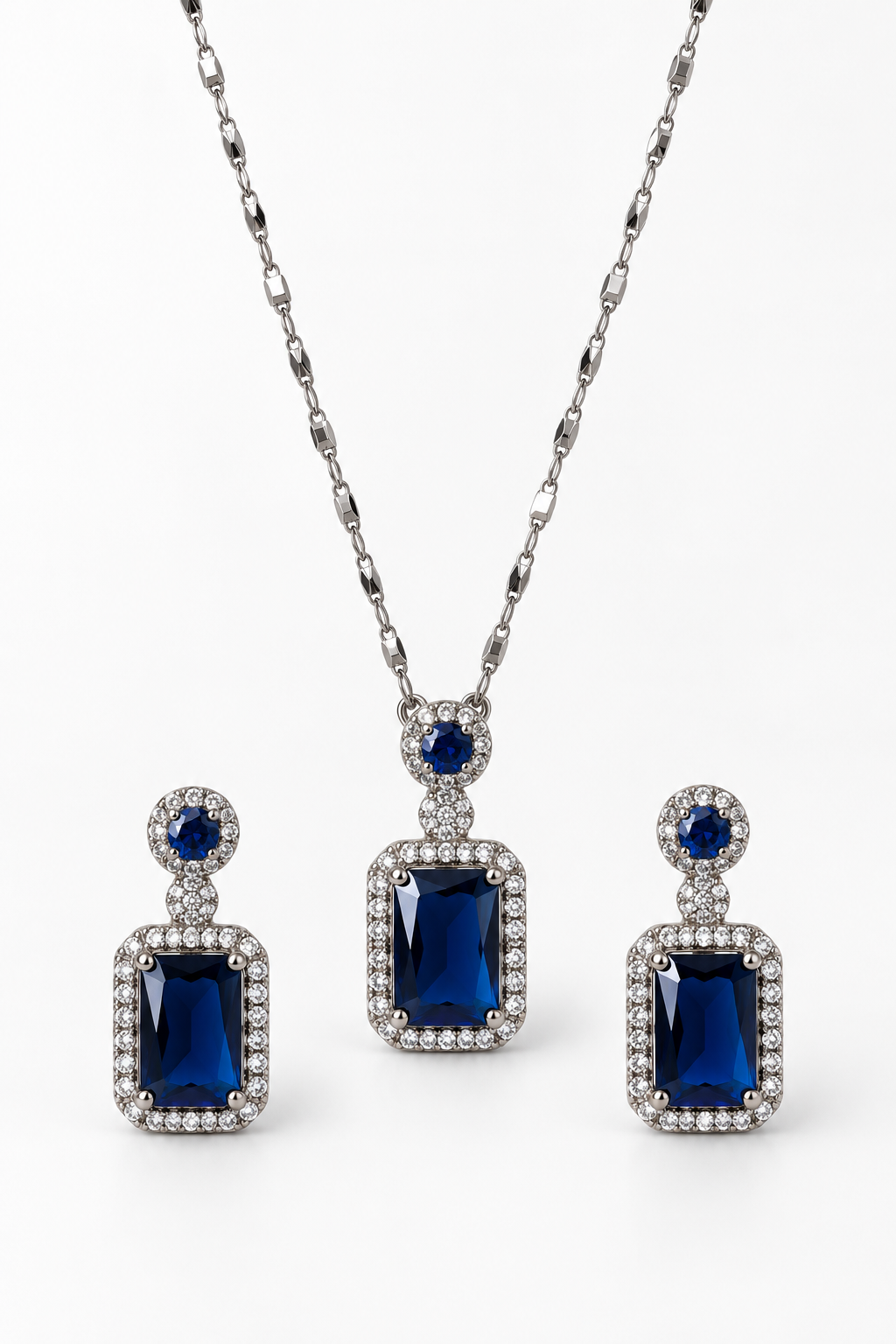 Mrs Solange Blue Rectangular Crystal Necklace & Earrings Set