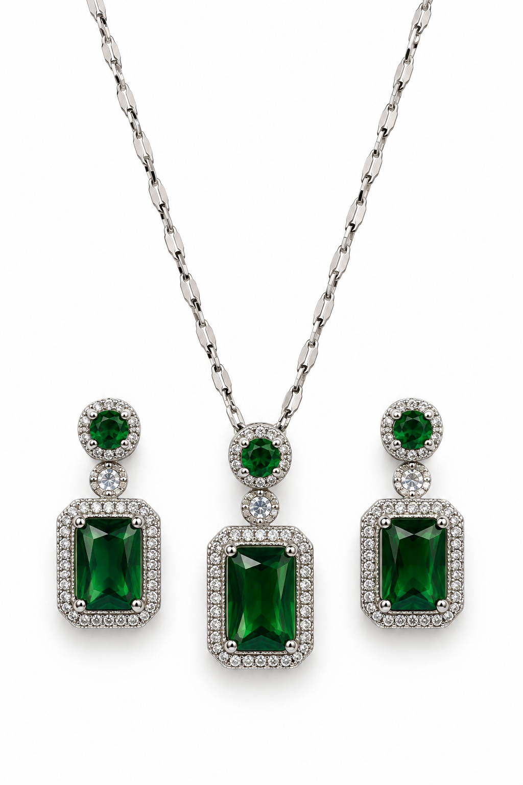 Merinda Emerald Green Crystal Necklace & Earrings Set | Silver