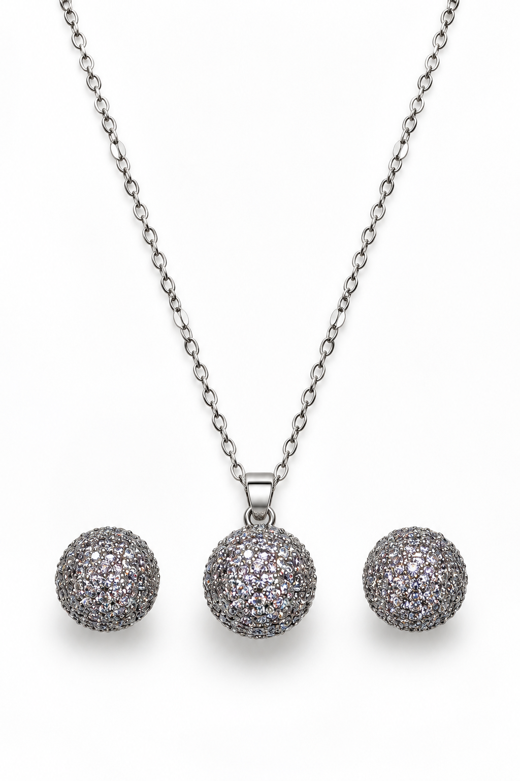 Aesteline Silver Crystal Ball Necklace & Earrings Set | Stainless Steel