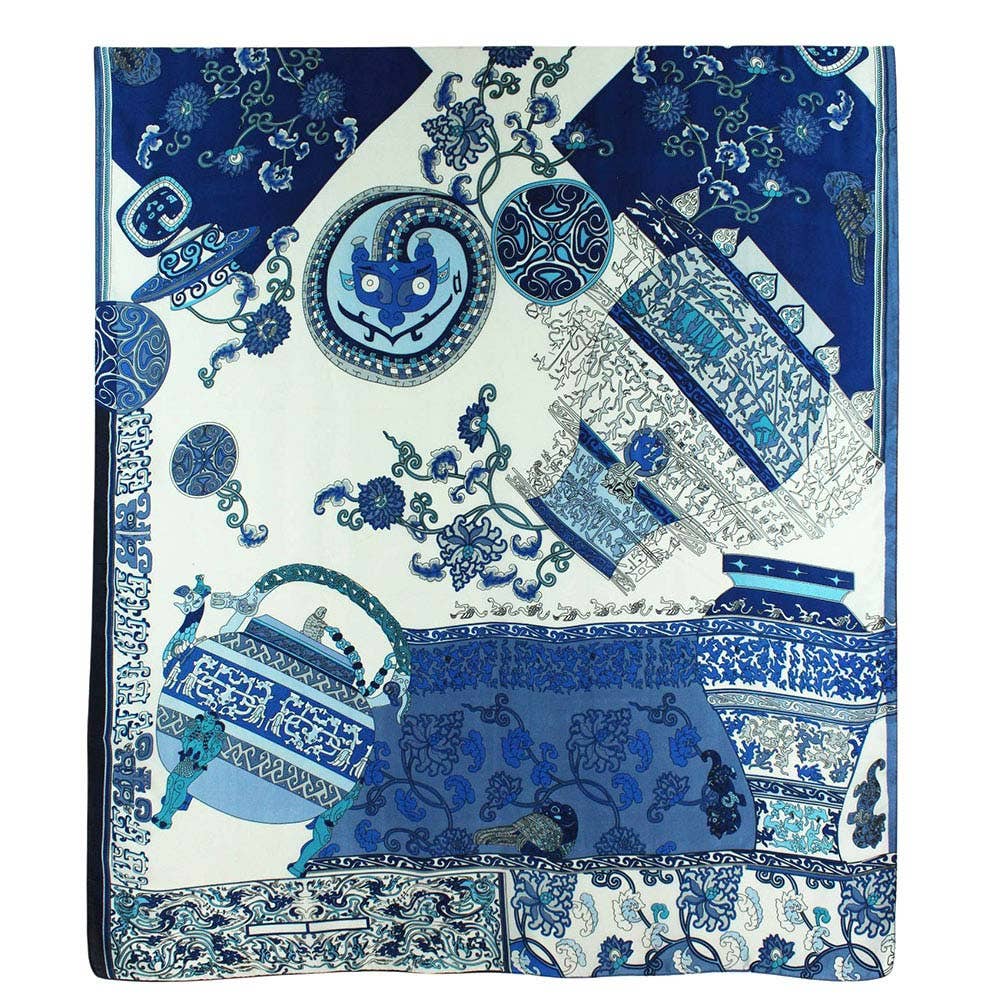 Elegant Porcelain Inspired Pattern Printed Oblong Silky Satin Scarf Shawl