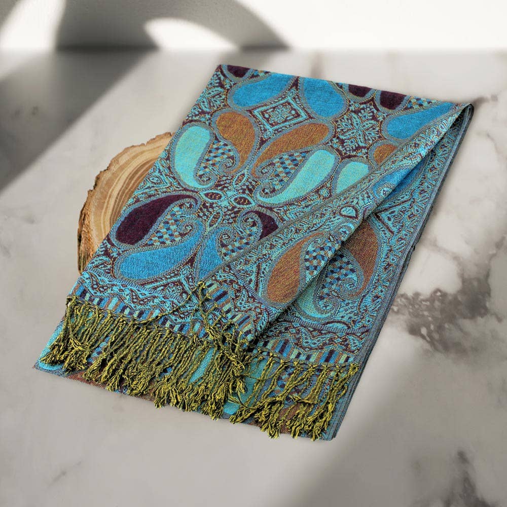 Large Paisley Pashmina Scarf Shawl:BLUE-BLACK