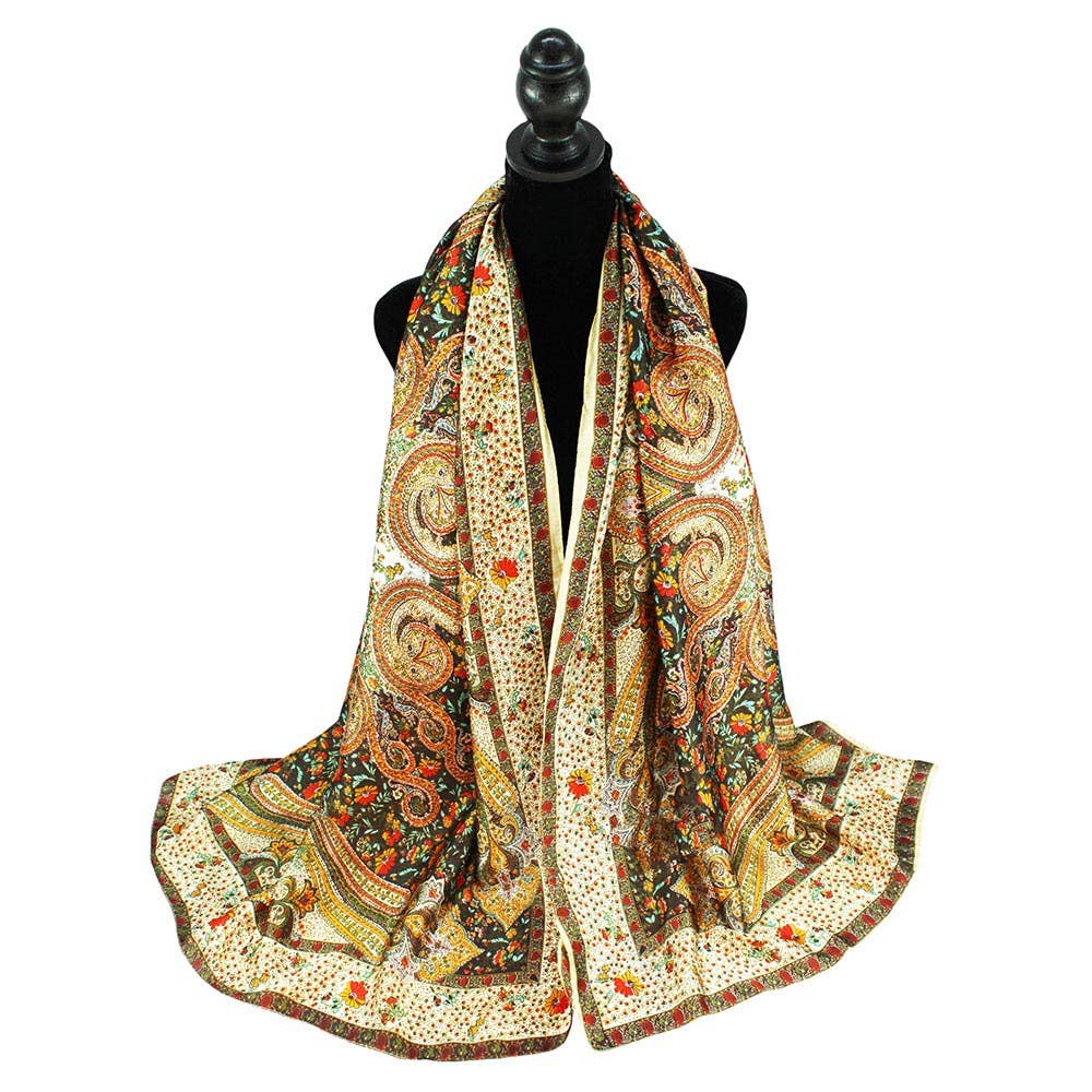 Abstract Paisley Pattern Printed Oblong Silky Satin Scarf Shawl