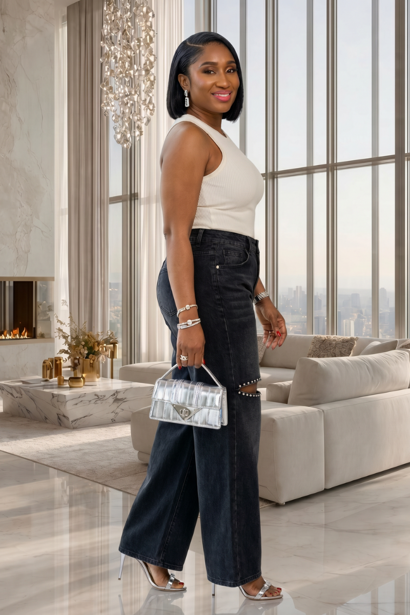 Skye Cut-Out Jeans – Black Wash Denim