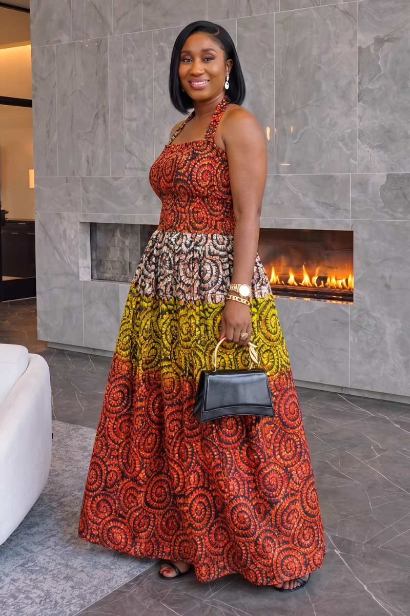 Tara African Print Halter Neck Maxi Dress