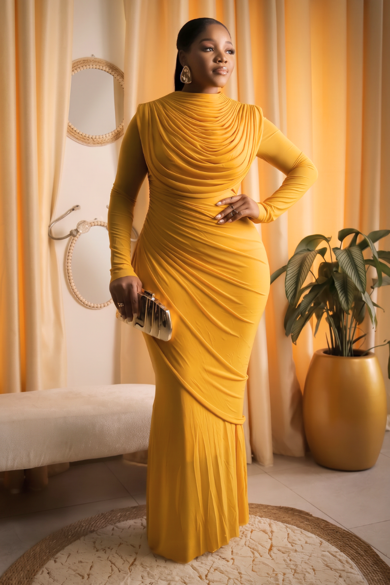 Solange Drape Dress- Mustard Yellow
