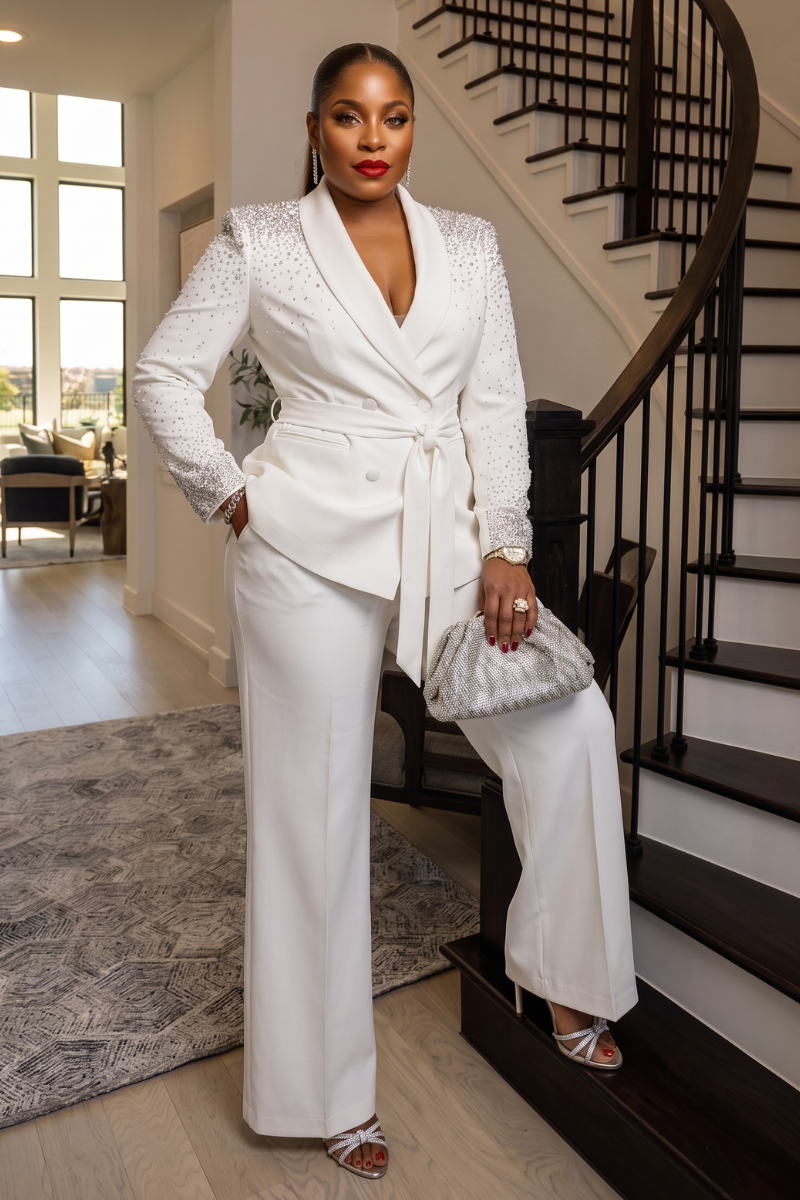 Monroe Crystal Blazer Set - White