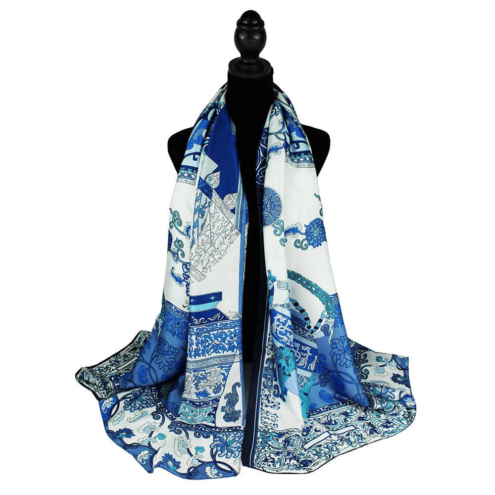 Elegant Porcelain Inspired Pattern Printed Oblong Silky Satin Scarf Shawl
