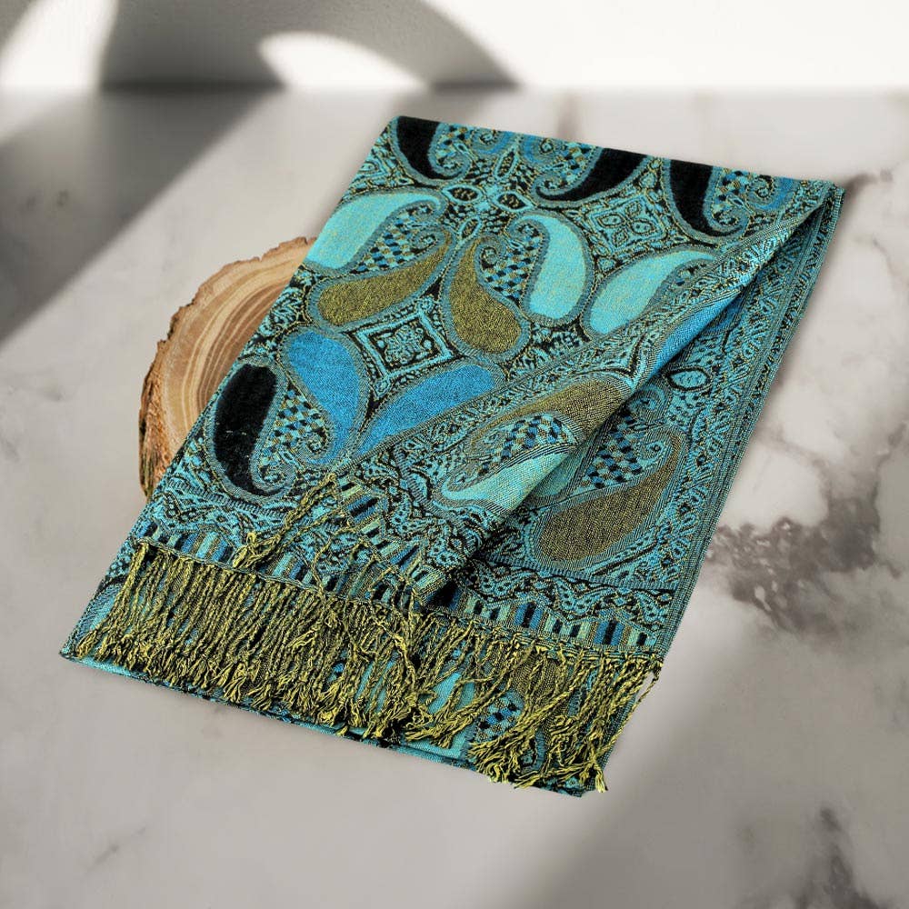 Large Paisley Pashmina Scarf Shawl:NAVY-BLACK
