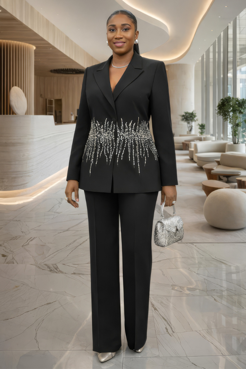 Selene Crystal Encrusted Power Suit Set - Black