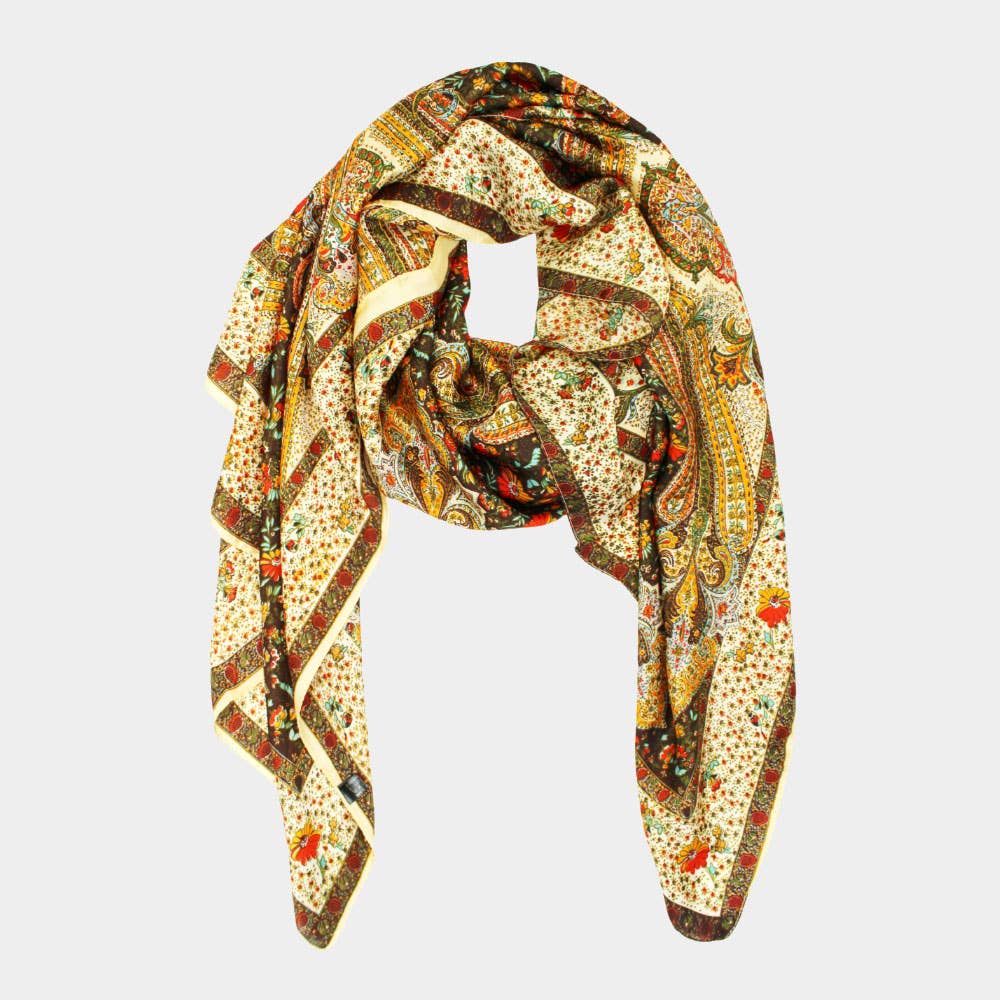 Abstract Paisley Pattern Printed Oblong Silky Satin Scarf Shawl
