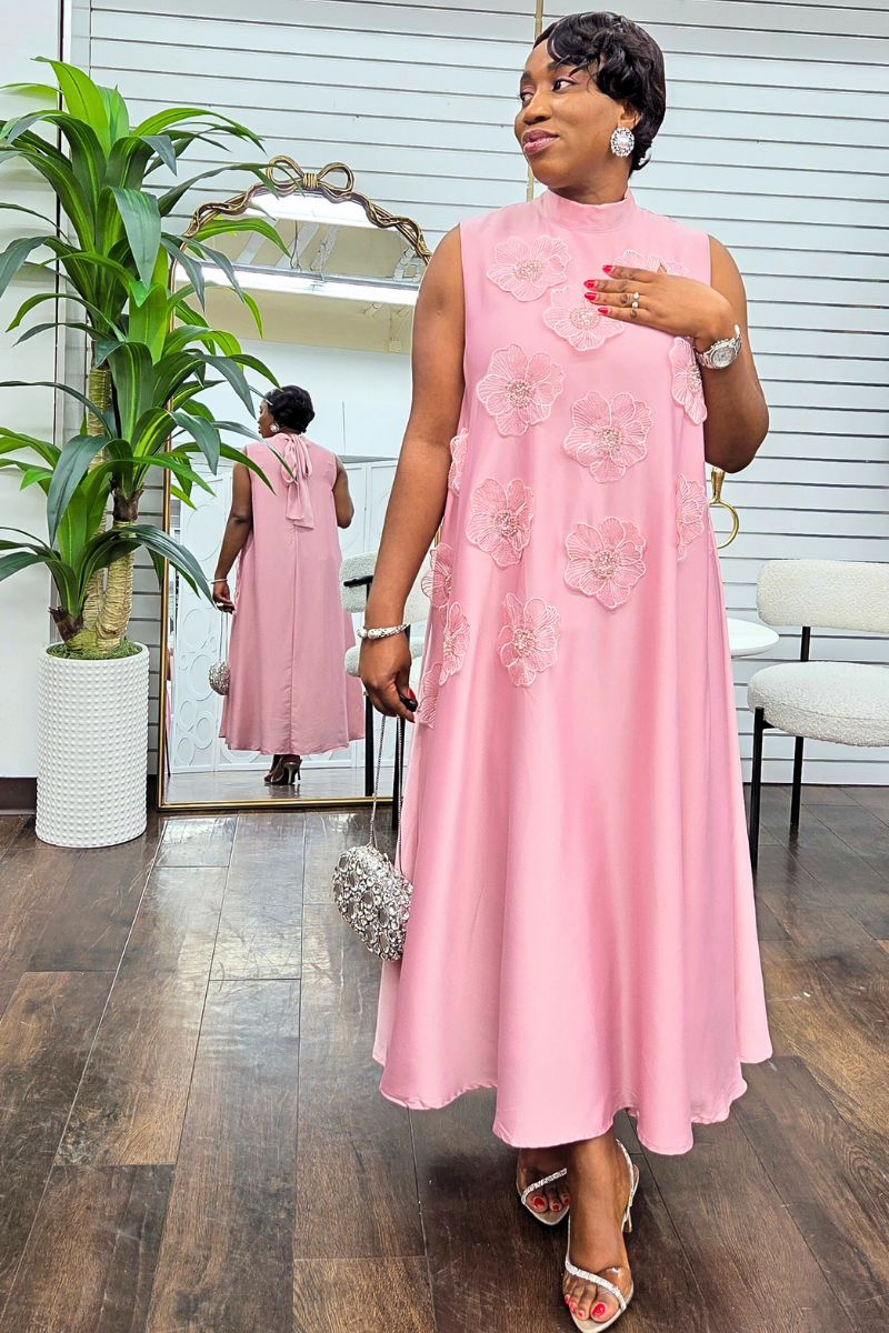 Alexa Silk Floral Patch Dress - Pink