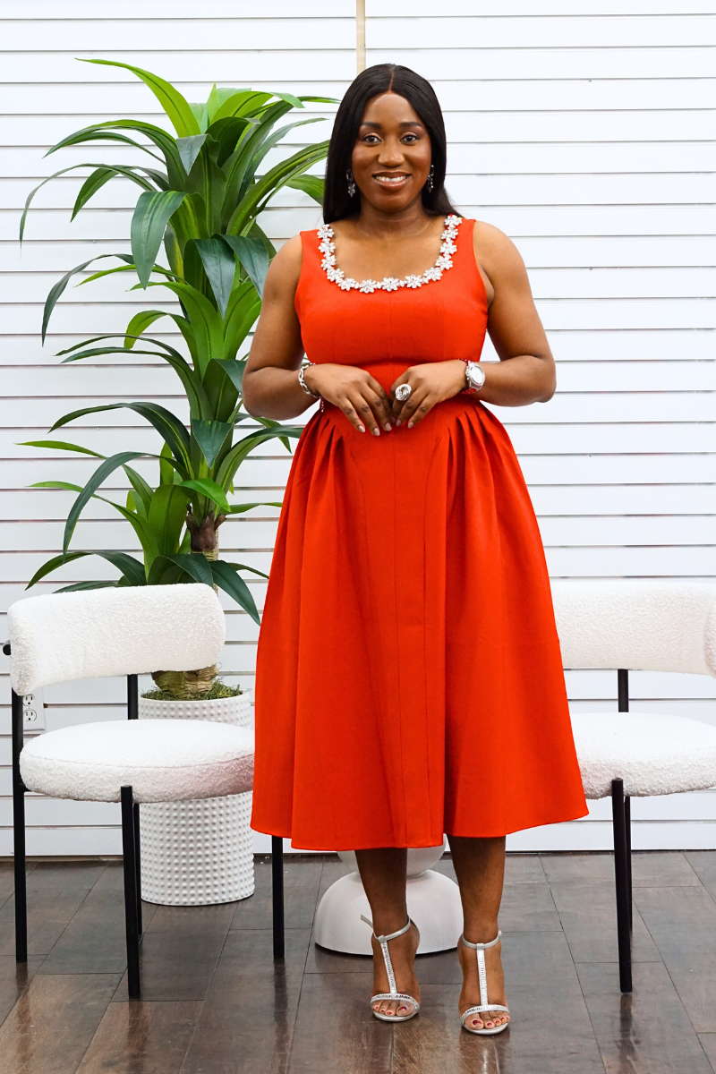 Scarlet Blossom Midi Dress