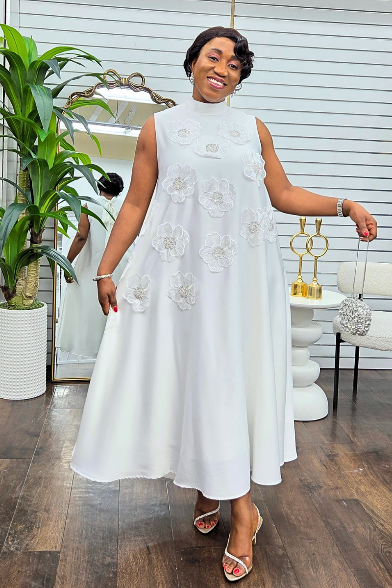 Alexa Silk Floral Patch Dress - White