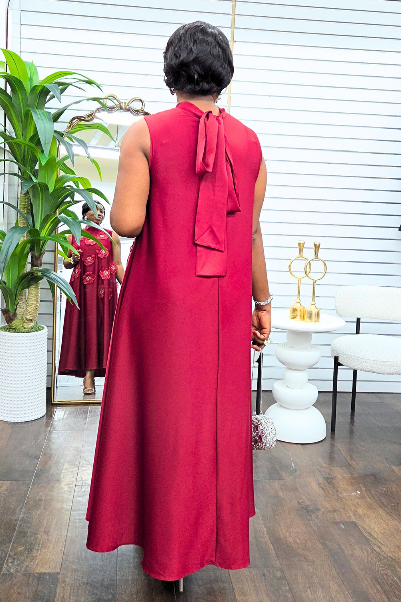 Alexa Silk Floral Patch Dress - Burgundy