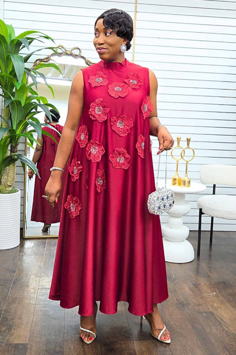 Alexa Silk Floral Patch Dress - Burgundy