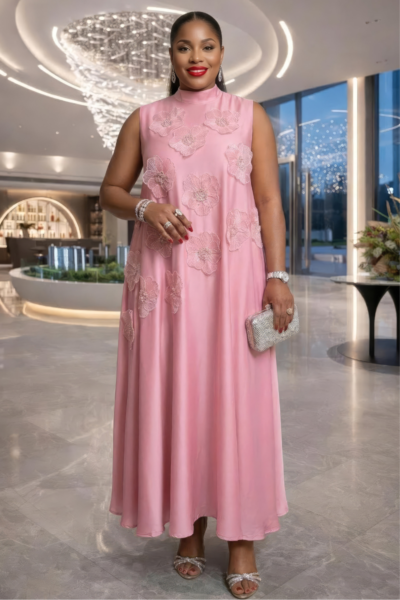 Alexa Silk Floral Patch Dress - Pink
