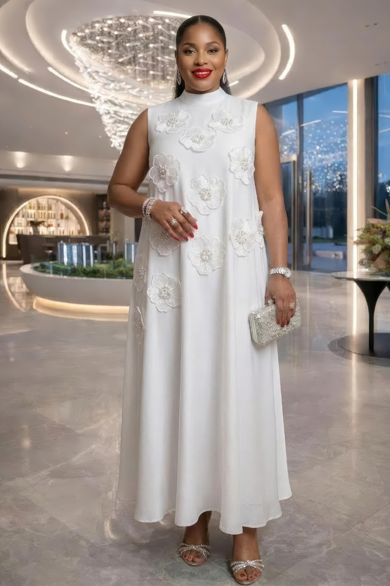 Alexa Silk Floral Patch Dress - White