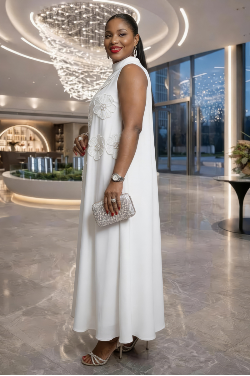 Alexa Silk Floral Patch Dress - White