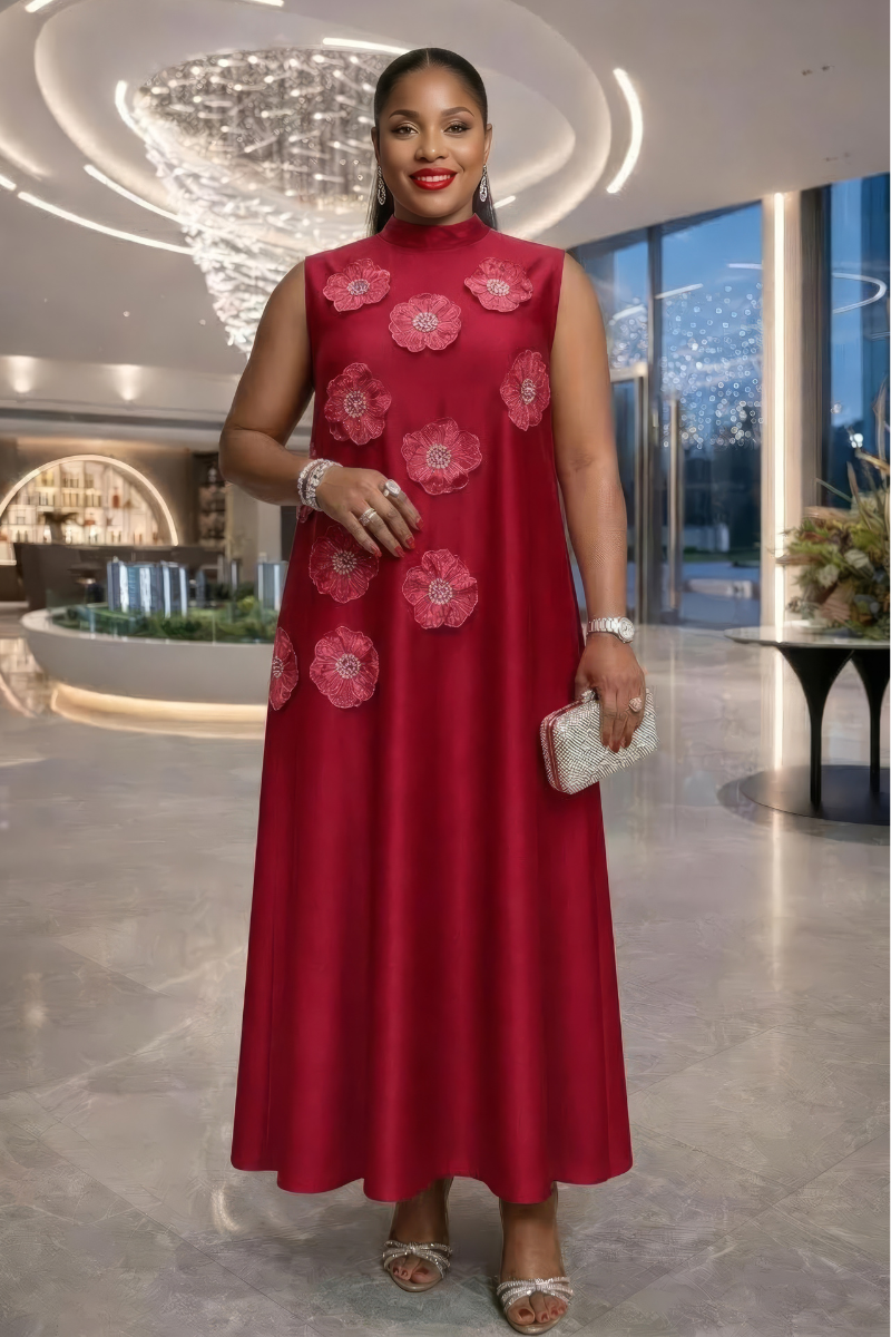 Alexa Silk Floral Patch Dress - Burgundy