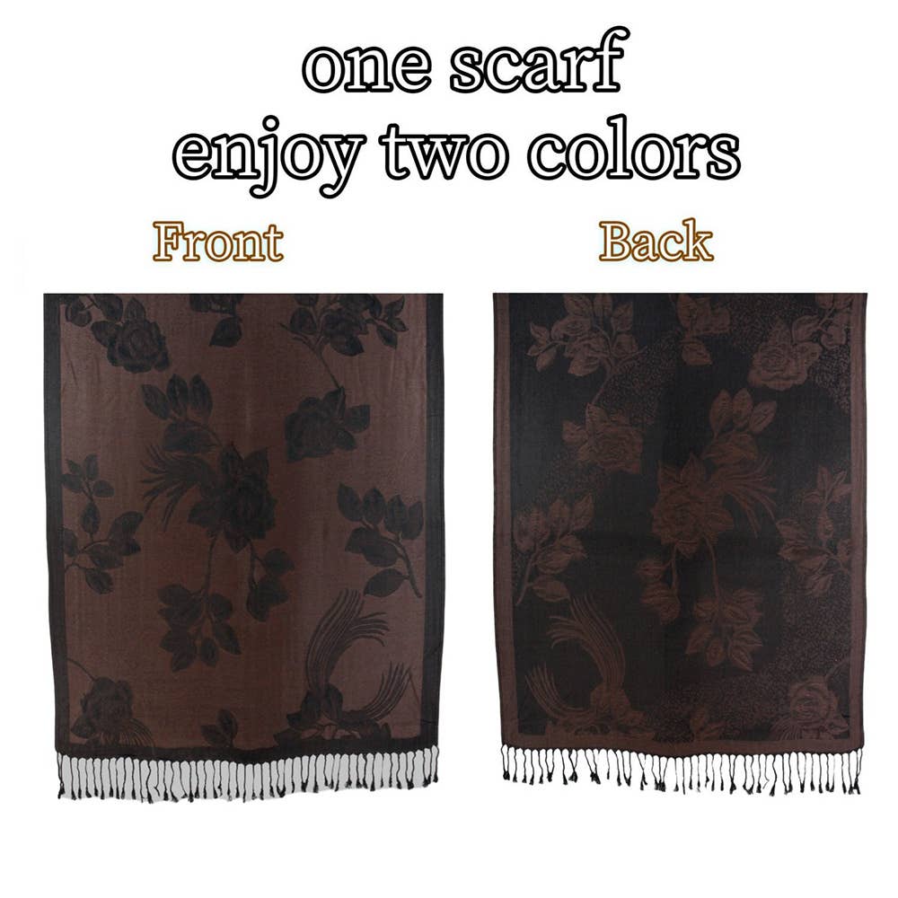 Rose Floral Pashmina Reversible Scarf Shawl: GREY