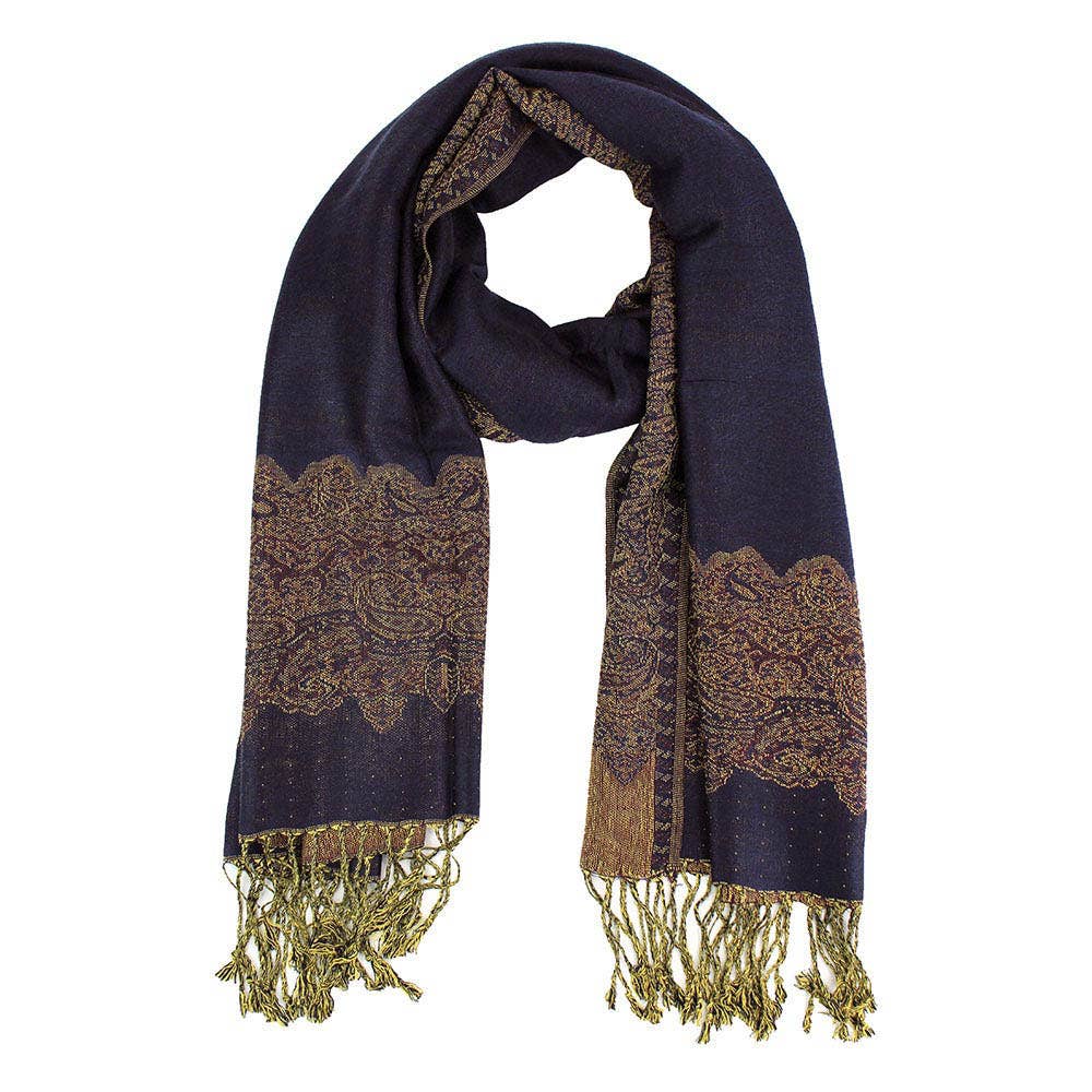 Border Pashmina Scarf Shawl with Fringe: Navy